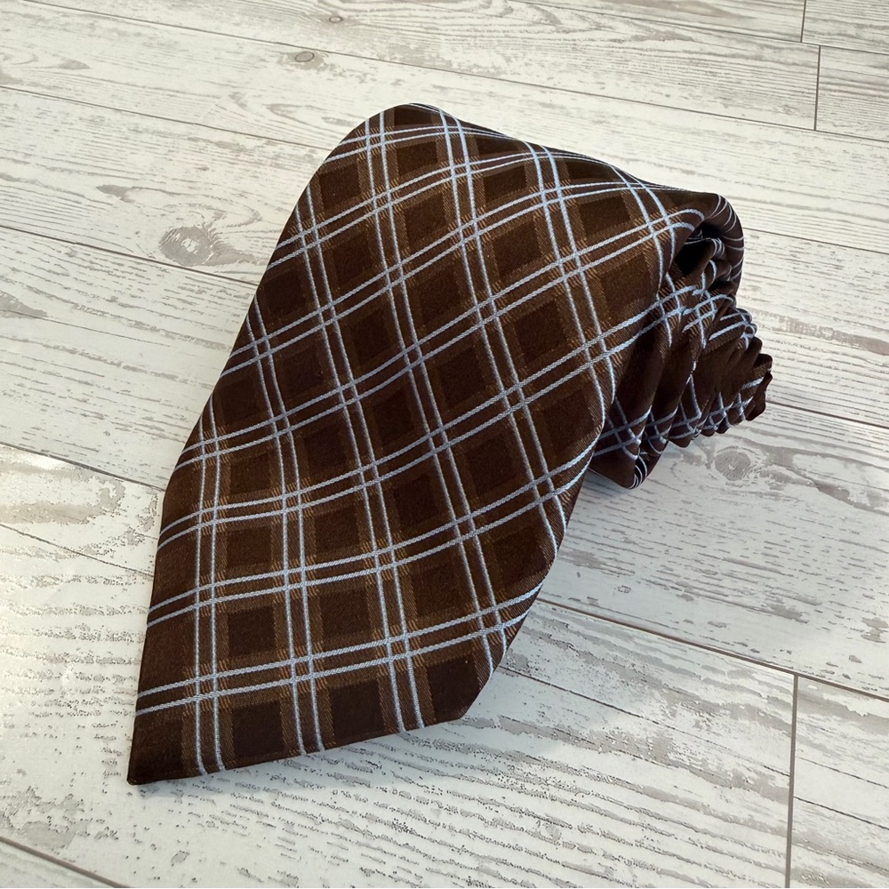 Geoffery Beene, 100% Silk, Brown Plaid Windowpane Check Tie